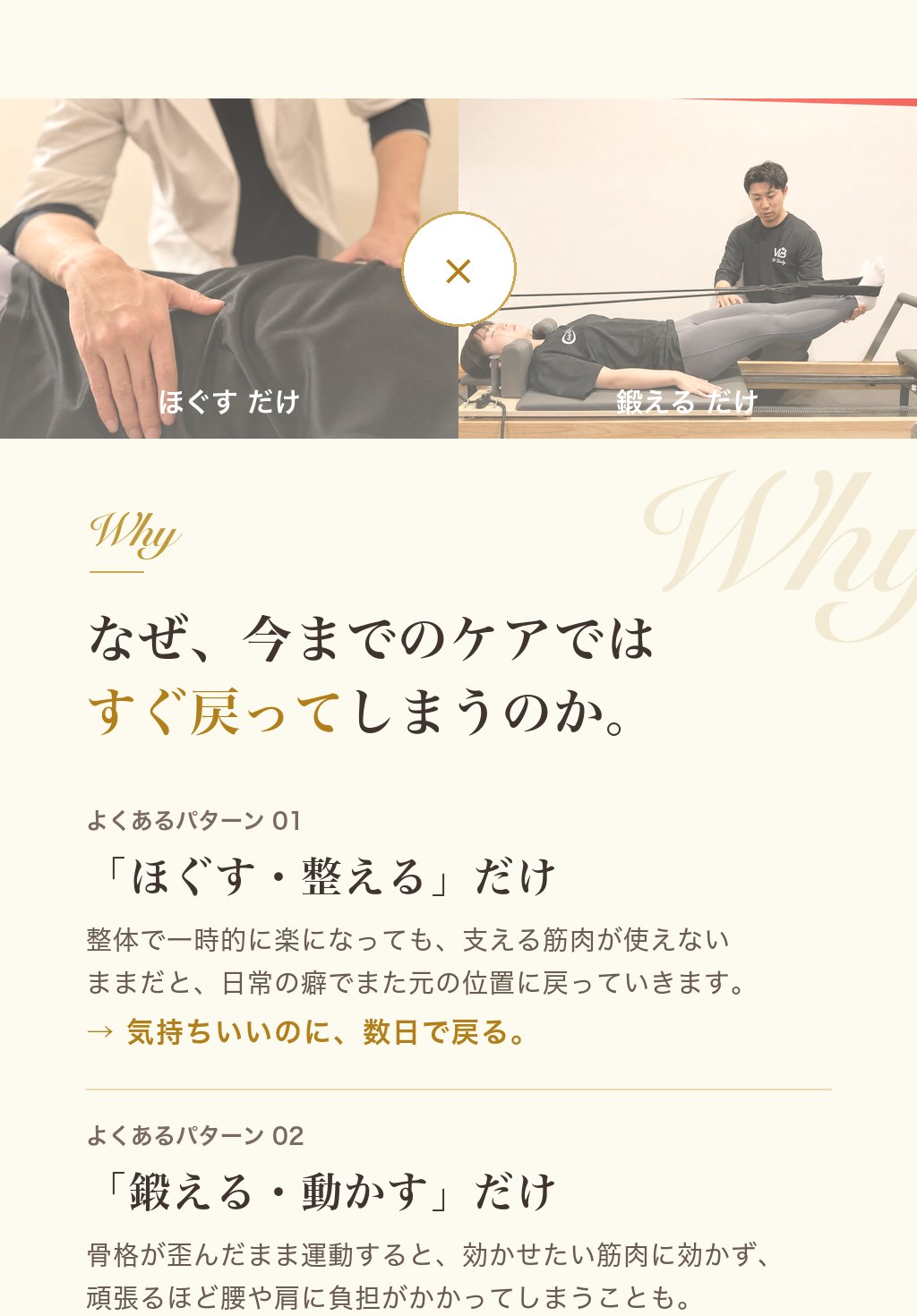なぜ今までのケアではすぐ戻ってしまうのか。パターン1：ほぐす・整えるだけでは支える筋肉が使えず数日で戻る。パターン2：鍛える・動かすだけでは歪んだ骨格のままで効かず、腰や肩に負担がかかることも。